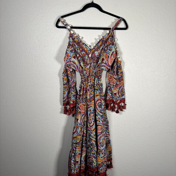 Womens Multicolor Paisley Print Cold Shoulder Long Sleeve Tassel Hem Midi Dress - Picture 1 of 9